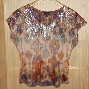 Roz & Ali Womens Linen Blend Aztec Print Top With Sequin Front Detail Small